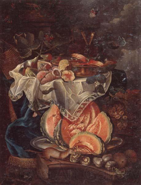 unknow artist Still life of grapes,sweet breads and a glass of wine upon a gilt tazza,set upon a table draped with a blue rug,together with figs and peaches,beneath